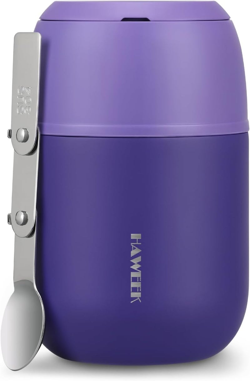 Haweek 17oz Soup Thermo for Hot Food Adults Insulated Food Jar Thermo Hot Food Lunch Container Wide Mouth Stainless Steel Lunch Box for Kids with Folding Spoon Cleaning Brush Purple - Image 1